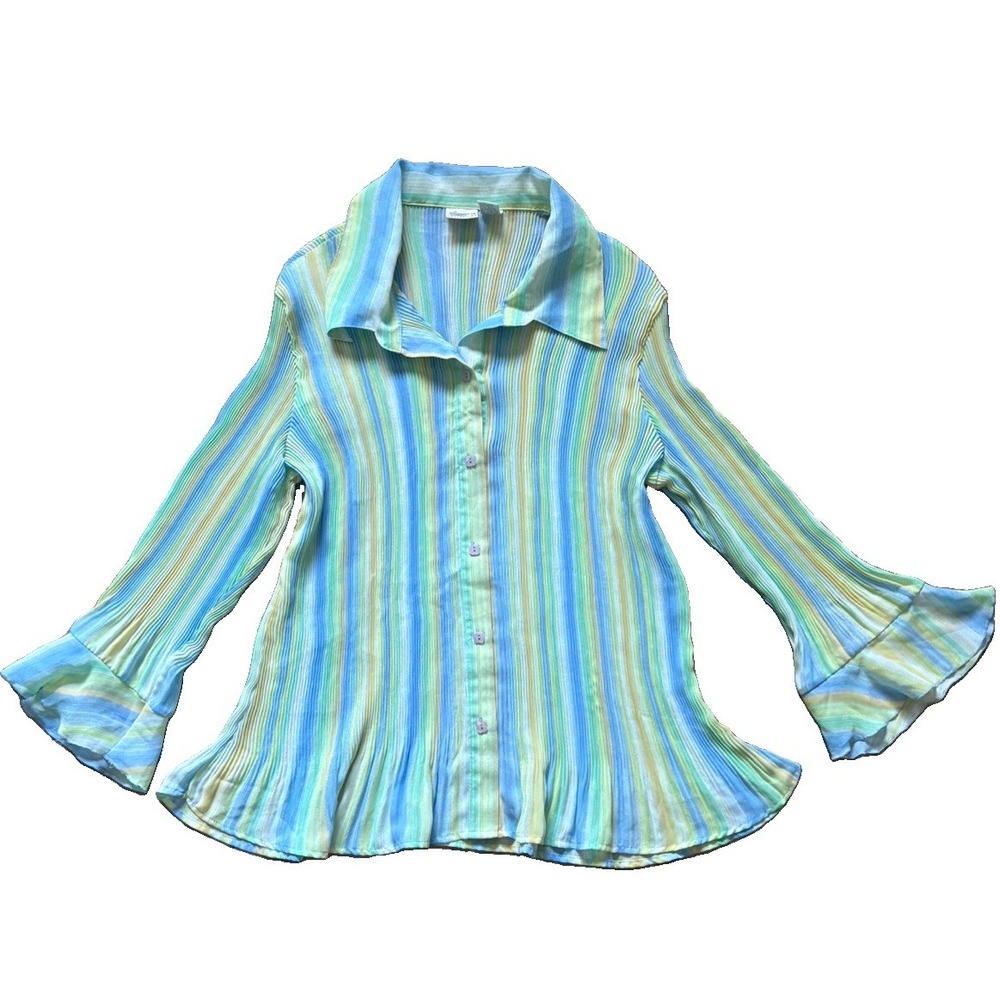 Giorgio Fiorlini Plus Collection Blouse 18/20 Blue Green Bell Sleeve Y2K Button
